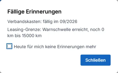 Warnfenster ‘Fällige Erinnerungen’ mit einer fälligen Kategorie