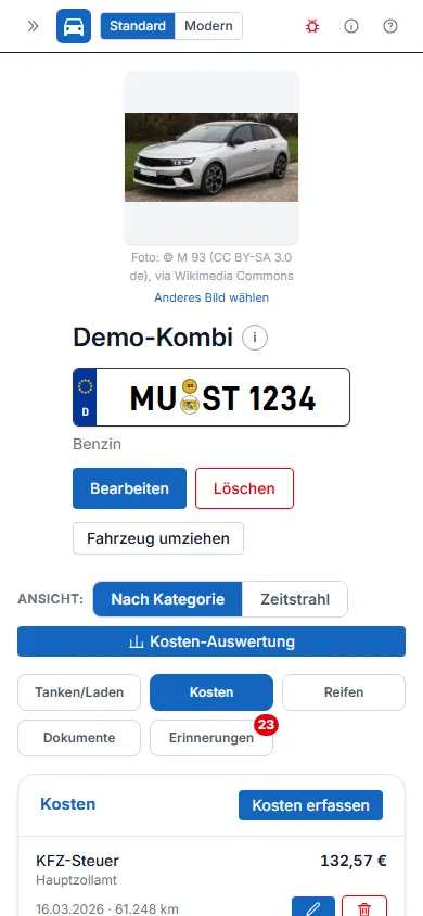 Mobiler Abschnitt Kosten mit zwei Einträgen als Karten statt einer Tabelle
