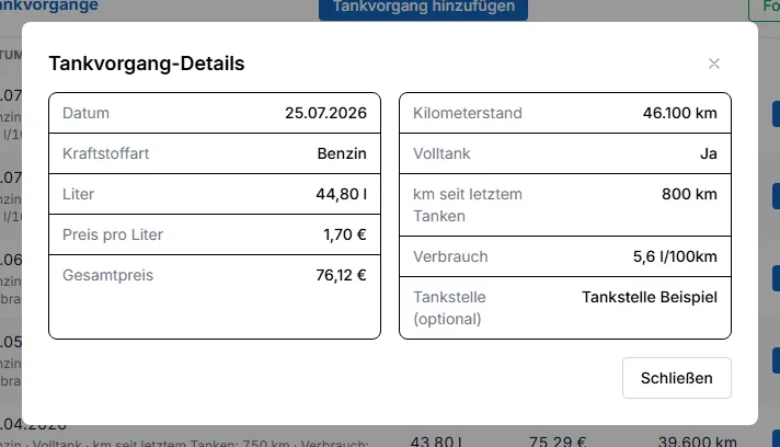 Detailansicht eines Tankvorgang-Eintrags mit allen Feldern inklusive Preis pro Liter und Verbrauch