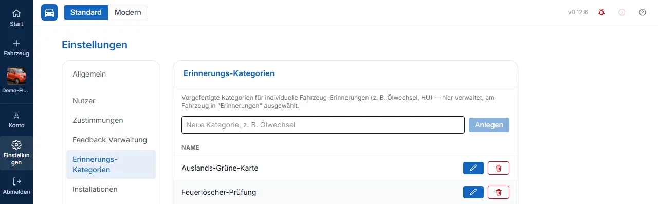 Einstellungsseite Erinnerungs-Kategorien mit Liste vorgefertigter Kategorien