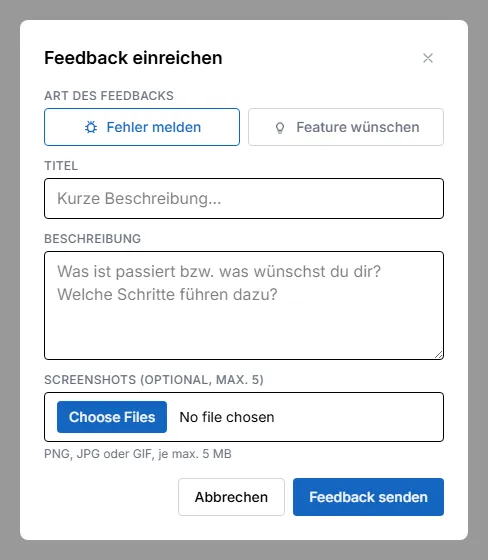 Feedback-Formular mit Art des Feedbacks, Titel und Beschreibung