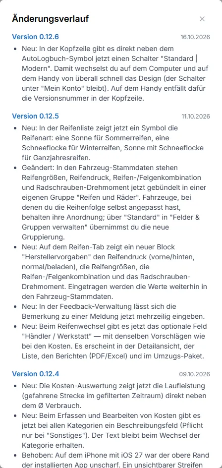 Änderungsverlauf-Fenster, in der Liste nach unten gescrollt — Überschrift und Schließen-Button bleiben oben stehen