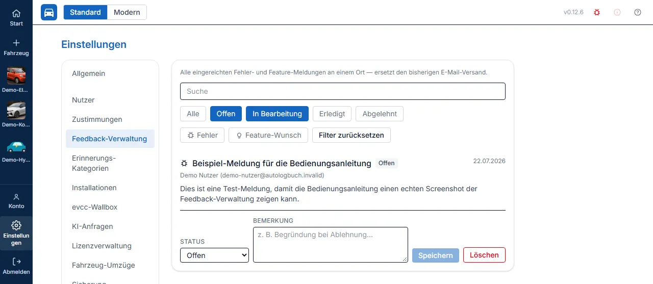 Feedback-Verwaltung mit Suchfeld sowie Status- und Typ-Filtern