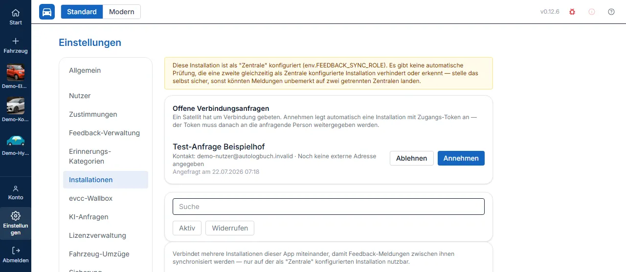 Offene Verbindungsanfrage sowie Suchfeld, Aktiv/Widerrufen-Filter und eine über die Suche gefundene Installation