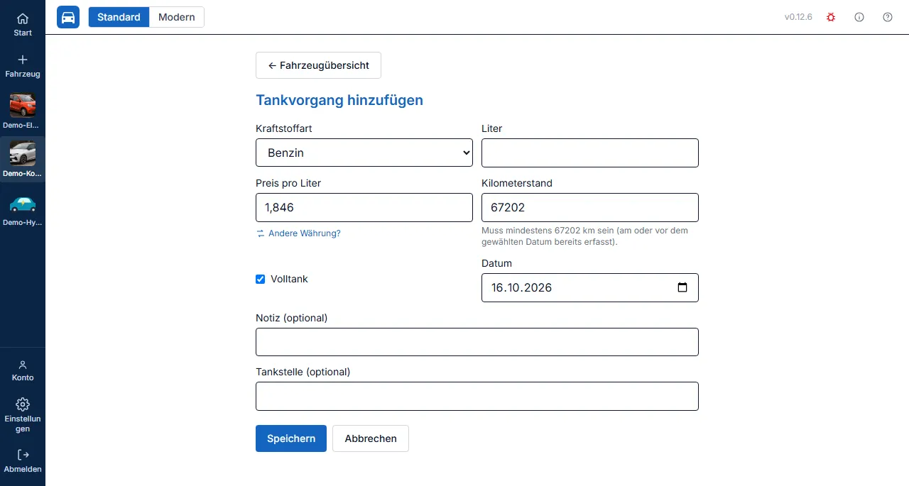 Formular zum Erfassen eines Tankvorgangs