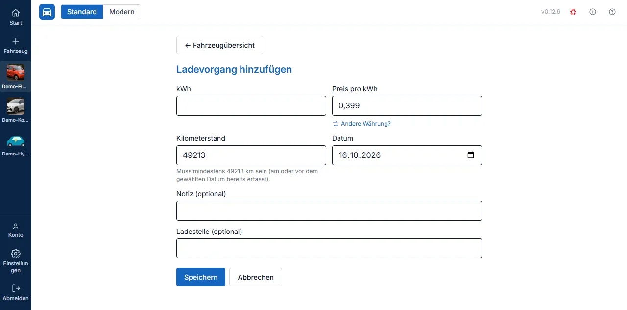 Formular zum Erfassen eines Ladevorgangs