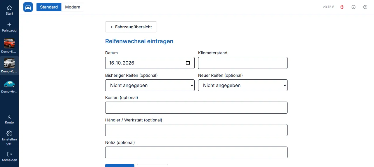 Formular ‘Reifenwechsel eintragen’