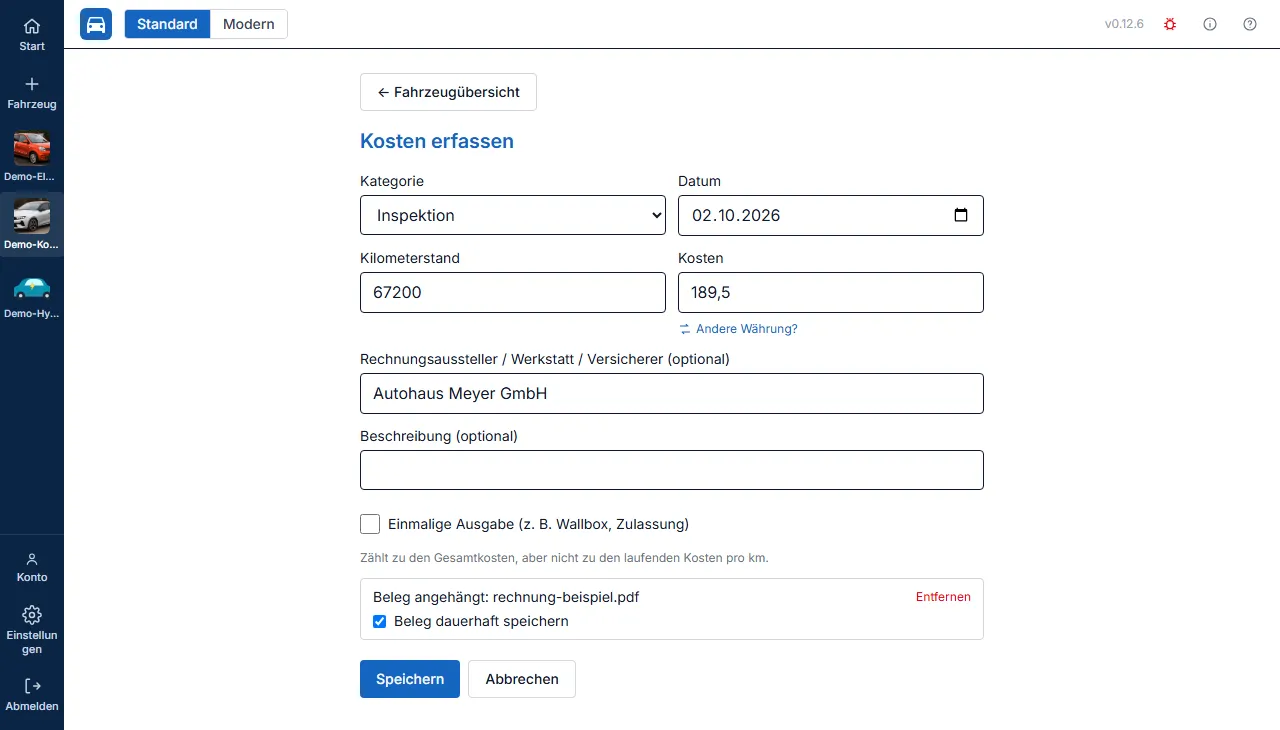 Formular für Kosten nach automatischem Rechnungsscan, alle Felder ausgefuellt