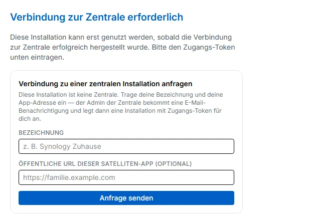 Sperr-Seite eines unverbundenen Satelliten mit Verbindungsformular (Admin-Ansicht)