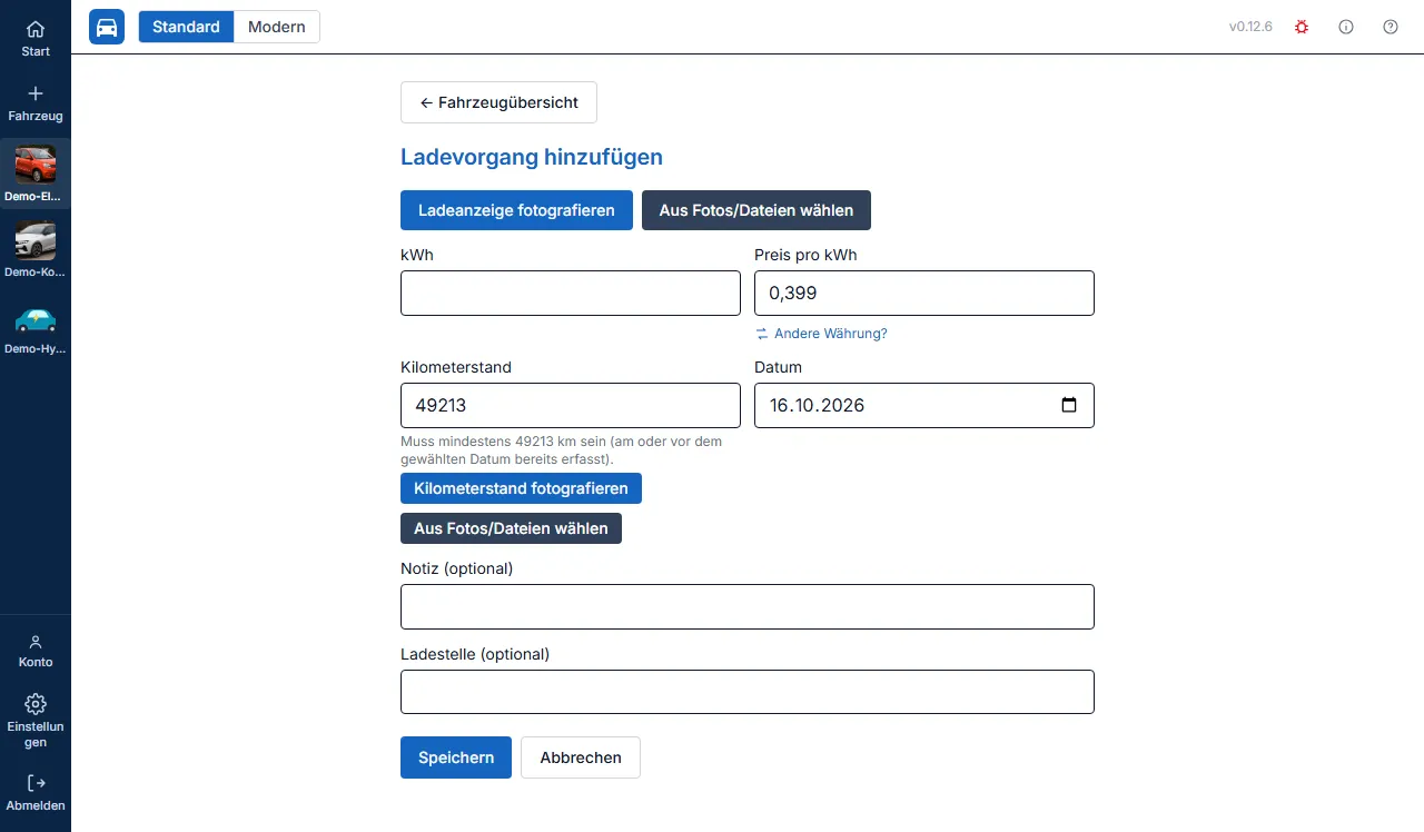 Ladevorgang-Formular im Foto-Laden-Modus mit Kamera- und Mediathek-Buttons