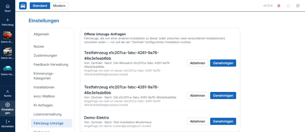 Offene Umzugs-Anfrage mit Genehmigen/Ablehnen-Buttons