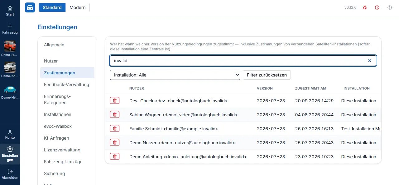 Zustimmungs-Übersicht mit Suchfeld, Installations-Filter, lokalen Einträgen und einem von einer Satelliten-Installation übermittelten Eintrag